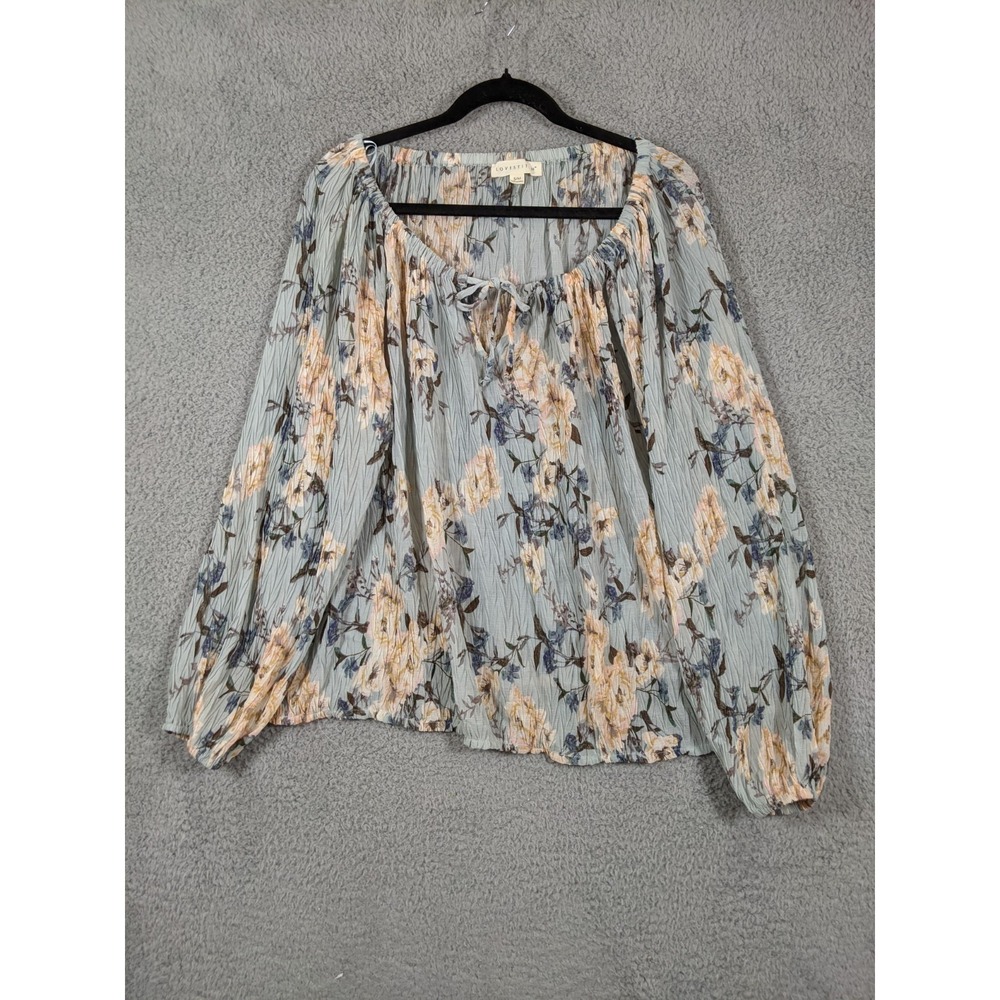 Lovestitch Crinkle Blouse Women S/M Floral Balloon Sleeve Tie Neck Boho Romantic